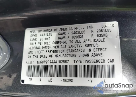 2010 Honda Accord 2.4 Ex z USA, uszkodzony, nr VIN 1HGCP2F74AA102567